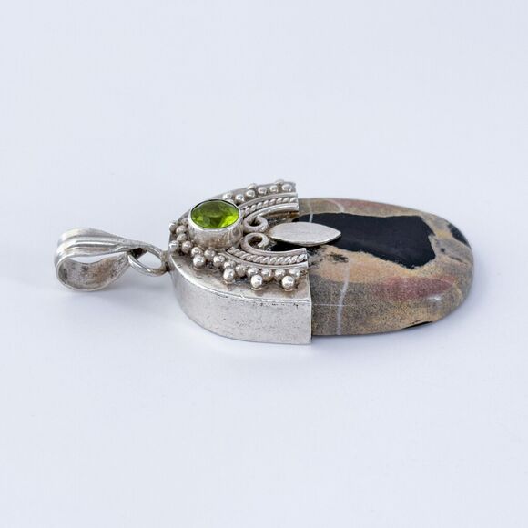 Vintage Sterling Silver 925 Jasper and Green Cubic Zirconia Pendant - Picture 3 of 7